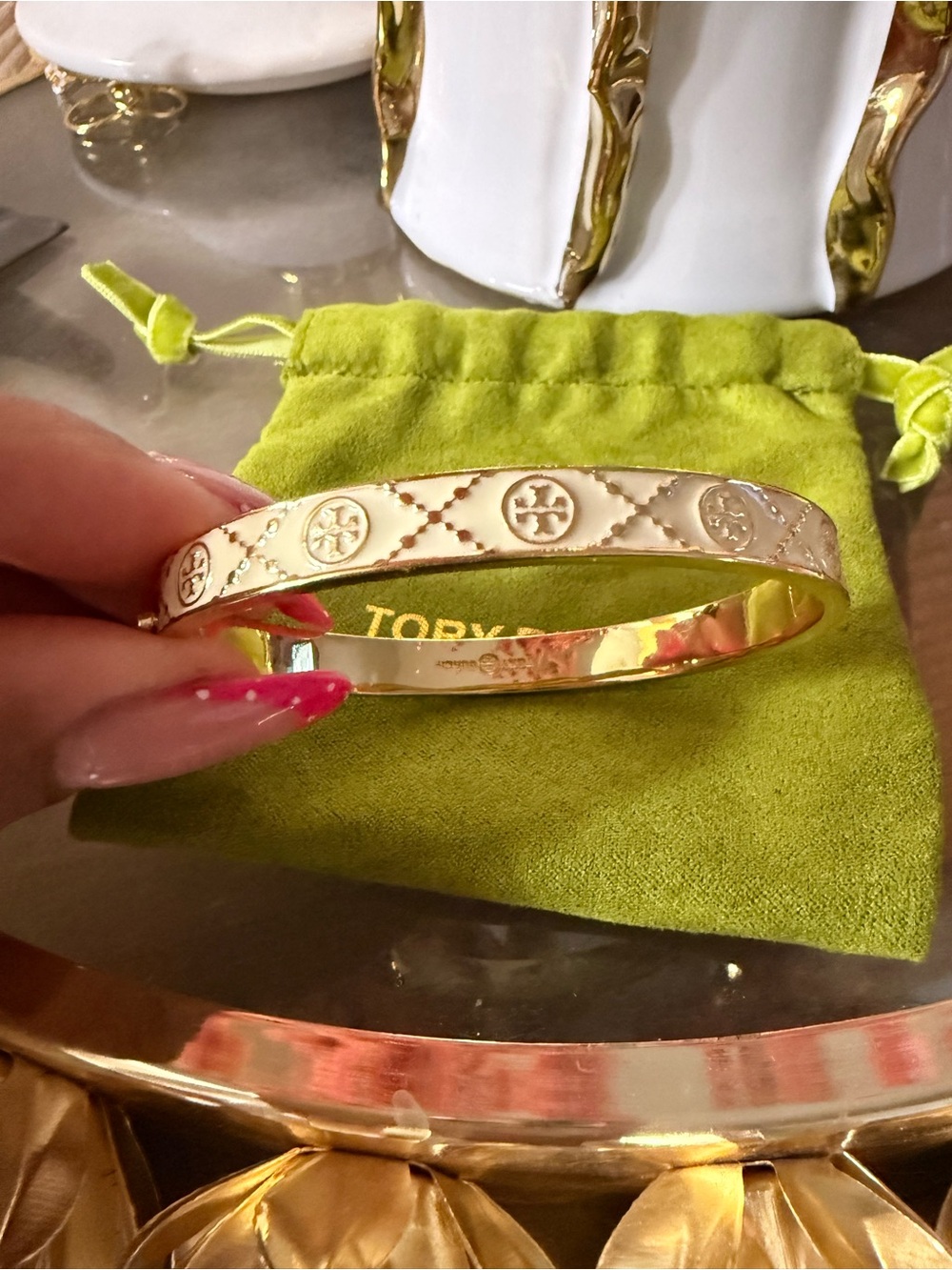 Tory Burch Gold and Cream Miller Logo Bangle Bracelet 6.25 size